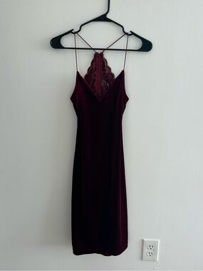B Darlin Burgundy Velvet Lace-Back Midi Dress